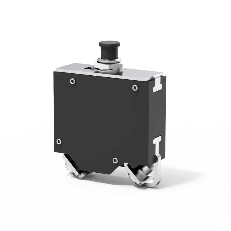 Typ 452 von E-T-A: Einpoliger, thermisch-magnetischer Schutzschalter mit Gewindehalsbefestigung und Druck/Zug-Betätigung.